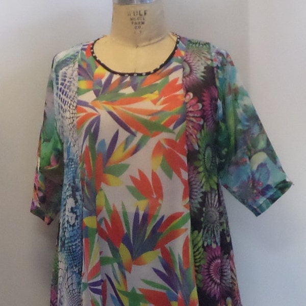 Coco and Juan, Plus Size Tunic, Women’s Top, Asymmetric Tunic, Mixed Print Chiffon #2 Size XL (fits size 14/16) Bust 45 inches