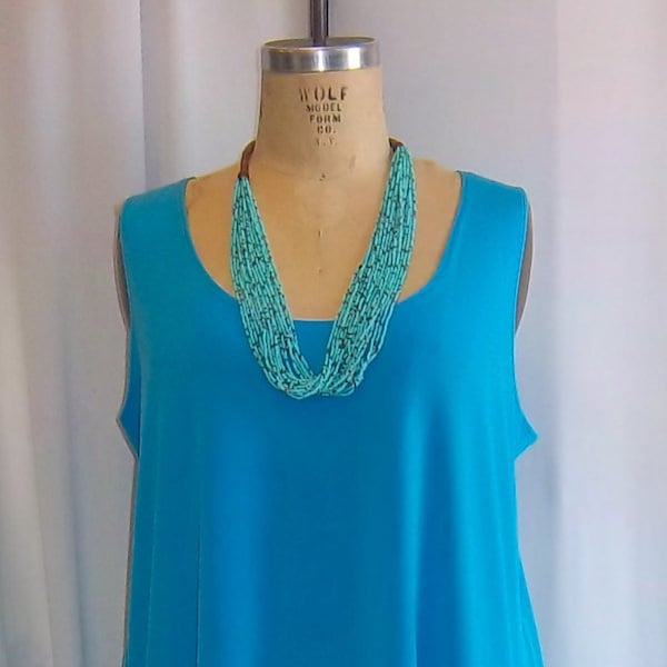 Plus Size Tunic, Coco and Juan, Lagenlook, Plus Size Top,  Turquoise Traveler Knit Angled Tank Top, Size 1 Fits 1X,2X Bust  to 50 inches