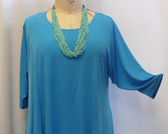 Plus Size Tunic, Coco and Juan. Plus Size Top, Lagenlook, Asymmetric Top, Turquoise Blue Traveler Knit Size 1 (fits 1X,2X)   Bust 50 inches