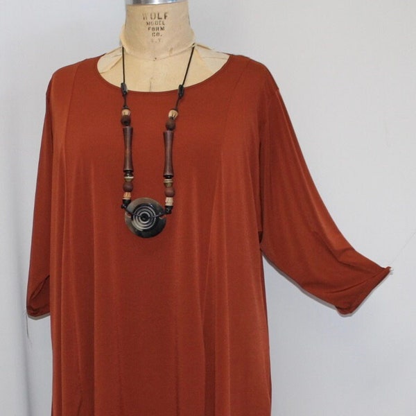 Plus Size Tunic, Coco and Juan, Plus Size Women's Top, Asymmetric Tunic Top, Rust, Polyester, Traveler Knit Size 1 (fits 1X,2X)   Bust 50"
