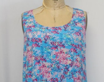 Plus Size Tank Top, Coco and Juan, Lagenlook Tunic, Blue, Pink Floral Poly Knit, Angled, Women's Tank Top, Size 1 Fits 1X,2X Bust to 50"