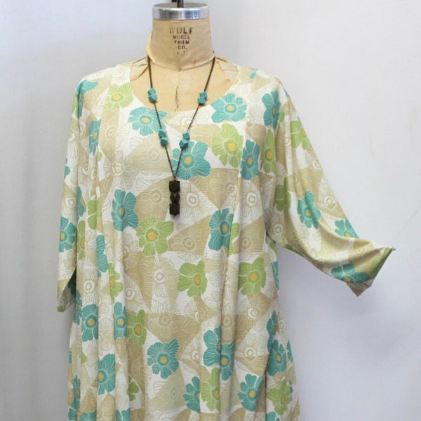 Coco and Juan, Lagenlook, Plus Size Top, Asymmetric Women's Tunic Top, Teal, Beige , Green Floral Print, Knit Size 1 (fits 1X,2X) B:50"