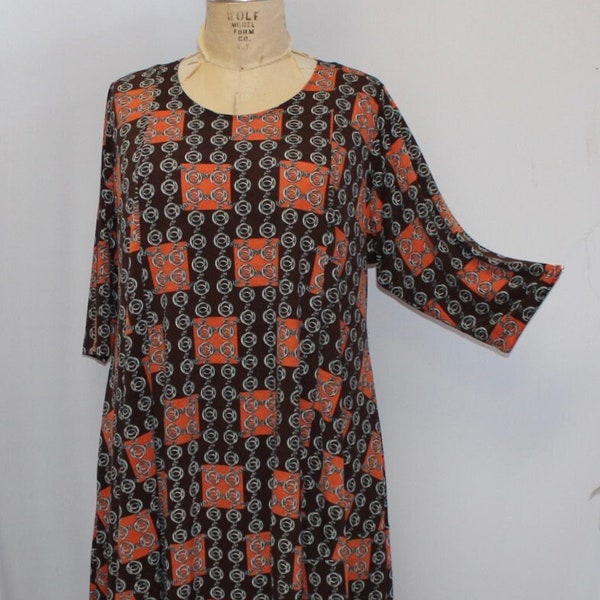 Coco and Juan, Lagenlook, Plus Size Top, Asymmetric Womens Tunic Top, Brown, Orange, Chain Print, Polyester Knit Size 2 fits 3X,4X Bust 60"