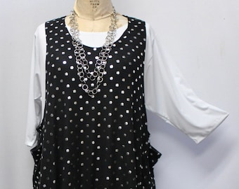 Coco and Juan, Plus Size Top, Lagenlook, Layering, Plus Size Tunic Top, Jumper, Overpiece, Black and Silver Polka Dot Knit OS  Bust to 56"