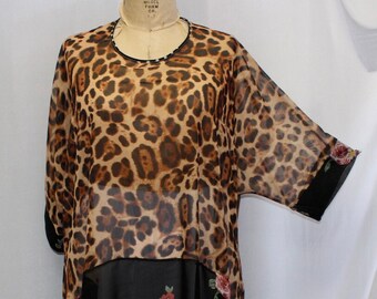 Plus Size Tunic Top, Coco and Juan, Lagenlook Plus Size Top, Brown Leopard Print Tunic Top Topper, One Size Plus, Fits 1X,2X,3X, B: 62"