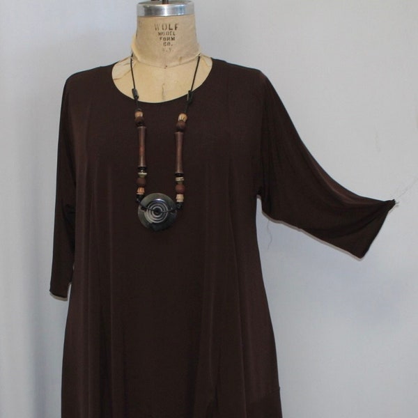 Plus Size Tunic, Coco and Juan, Plus Size Women's Top, Asymmetric Tunic Top, Brown, Polyester, Traveler Knit Size 1 (fits 1X,2X)   Bust 50"