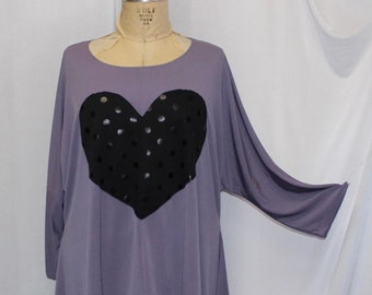 Coco and Juan, Lagenlook, Women Plus Size Top, Lavender Angled Tunic Top, Black Heart, Plus Size Tunic Top, One Size, 1X,2X,3X. B 58"