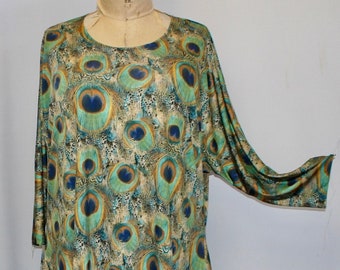 Plus Size Top, Coco and Juan, Lagenlook, Plus Size Tunic, Green, Gold, Blue. Peacock Knit Drape Side, Tunic Top, One Size, Bust  to 60"