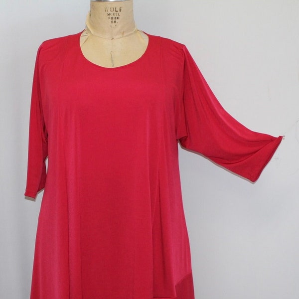 Plus Size Tunic, Coco and Juan, Plus Size Women's Top, Asymmetric Tunic Top, Red, Polyester, Traveler Knit Size 1 (fits 1X,2X)   Bust 50"