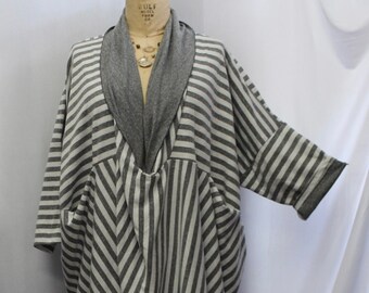 Tunic Plus Size, Plus Size Caftan, Cross Over, Coco and Juan, Lagenlook Tunic Top Gray Stripe, Long Sleeve, Knit,One Size 1X,2X,3X,4X, B 72"