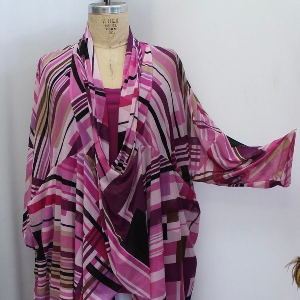 Tunic Plus Size, Plus Size Caftan, Cross Over, Coco and Juan, Lagenlook Tunic Top, Pink Abstract Print Mesh , One Size 1X,2X,3X,4X, B 72"