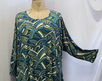 Lagenlook, Plus Size Tunic Top, Coco and Juan, Turquoise, Green ,Print, Poly, Knit Drape Side Tunic, Women's Top, OS  Plus, 1X,2X,3X, B 60"