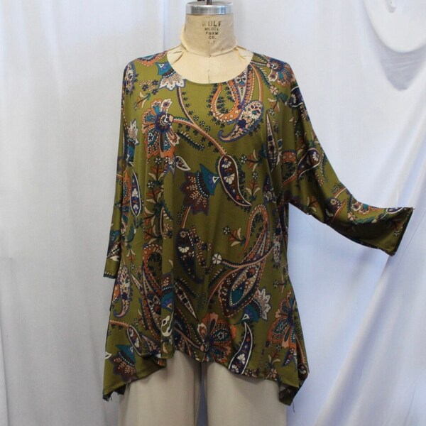 Plus Size Top, Coco and Juan, Lagenlook, Plus Size Tunic, Olive Green, Floral,  Print. Knit Drape Side, Tunic Top, One Size, Bust  to 60"