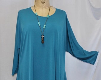 Lagenlook, Plus Size Tunic Top, Coco and Juan,Teal Blue Traveler Knit Drape Side Tunic, Womens Tunic Top, One Size Plus, 1X,2X,3X, B 60"