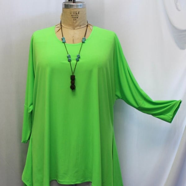 Plus Size Tunic Top, Coco and Juan, Lagenlook Plus Size Top, Green ,Limeade, Drape Side Tunic, One Size Plus, Fits 1X,2X,3X,  Bust 62"