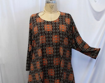 Plus Size Top, Coco and Juan, Lagenlook, Plus Size Tunic, Brown, Orange Chain Print. Knit Drape Side, Tunic Top, One Size, Bust  to 60"