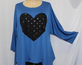 Coco and Juan, Lagenlook, Women Plus Size Top, Royal Blue Angled Tunic Top, Black Heart, Plus Size Tunic Top, One Size, 1X,2X,3X. B 58"