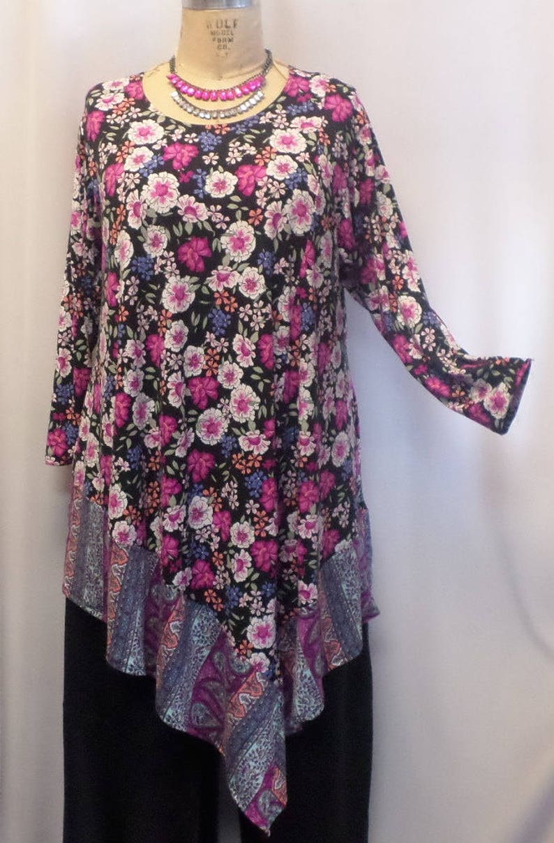 Coco and Juan fits 1X,2X Black Lagenlook Blue Women\u2019s Top Bust 50 inches Size 1 Plus Size Tunic Top Pink Floral Angel Tunic Top
