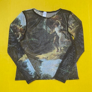 Mesh Shirt, Crop Tee, Stretch Mesh Top, Gilded Age French Painting Print, Long Sleeve Top, Women&#39;s Top, New, Size Large/XLarge