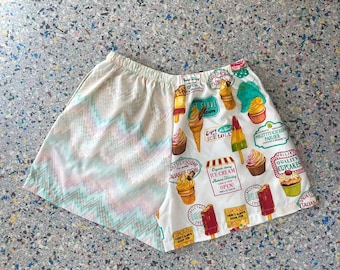 Upcycled, Handmade, Vintage Fabric, Shorts  Ice Cream Shop Print, Pink Green Chevron Print Shorts, Beach, Pool, Size L