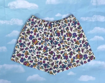 Handmade, Vintage 80's Fabric,  Cotton Knit, Shorts, Purple, Blue, Gold, Summer Wildflower Floral Print, Women Shorts,  Sizes: S,M,L,XL