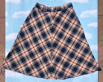 Vintage 1960's/70's, Bobbie Brooks, Navy,Rust Plaid Skirt, School Girl, Polyester Blend,Fit and Flare, Size XS, Small Waist 25"
