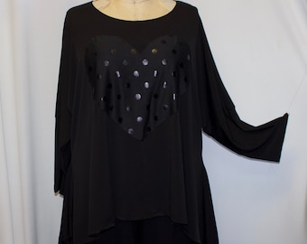 Coco and Juan, Lagenlook, Women Plus Size Top, Black Angled Tunic Top, Black Heart, Valentine, Plus Size Tunic Top, OS, 1X,2X,3X. B 58"