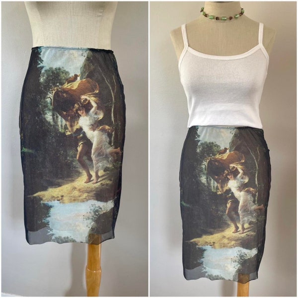 Printed Mesh Midi Skirt, Gilded Age French Painting Print, Lined Skirt, Black, Beige, Gold, Women's Skirt, Size Small Medium