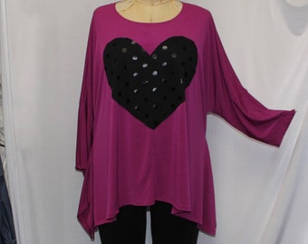 Coco and Juan, Lagenlook, Women Plus Size Top,Berry Angled Tunic Top, Black Heart, Plus Size Tunic Top, One Size, 1X,2X,3X. B 58"