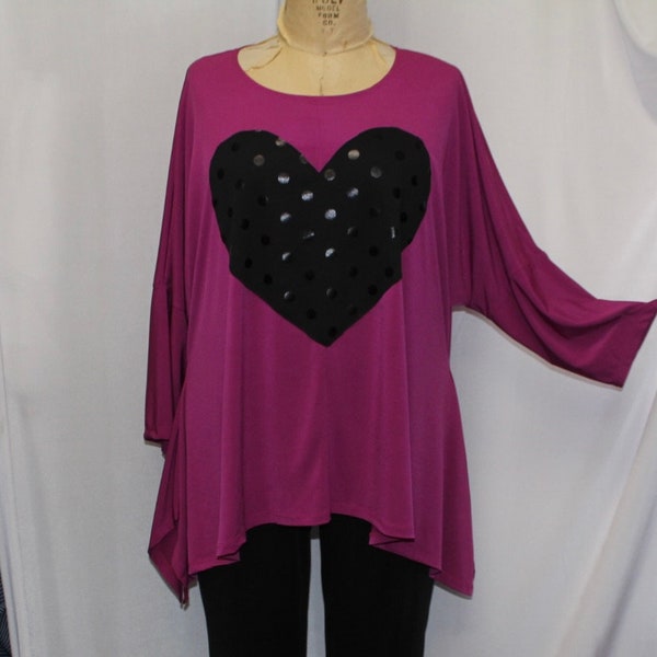 Coco and Juan, Lagenlook, Women Plus Size Top,Berry Angled Tunic Top, Black Heart, Plus Size Tunic Top, One Size, 1X,2X,3X. B 58"