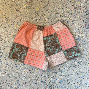 Vintage, Reworked, Cotton, Flannel,Fabric, Handmade Patchwork, Shorts, Pink, Blue, Mixed Floral Mixed Print, Women Shorts, Size Medium image 6