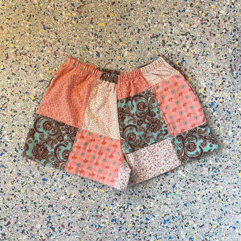 Vintage, Reworked, Cotton, Flannel,Fabric, Handmade Patchwork, Shorts, Pink, Blue, Mixed Floral Mixed Print, Women Shorts, Size Medium image 6