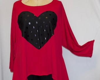 Coco and Juan, Lagenlook, Women Plus Size Top, Red Angled Tunic Top, Black Heart, Valentine, Plus Size Tunic Top, One Size, 1X,2X,3X. B 58"