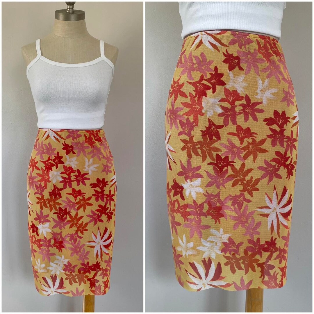 Orange Pleated Viscose Multi Color Flower Printed Mini Skirt With Gold Foil Accents