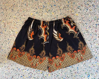 Upcycled, Repurposed, Cotton Fabric. Women's Shorts, Handmade, Black, Gold, Orange, Paisley, Abstract, Print, Shorts, Size XL, OOAK