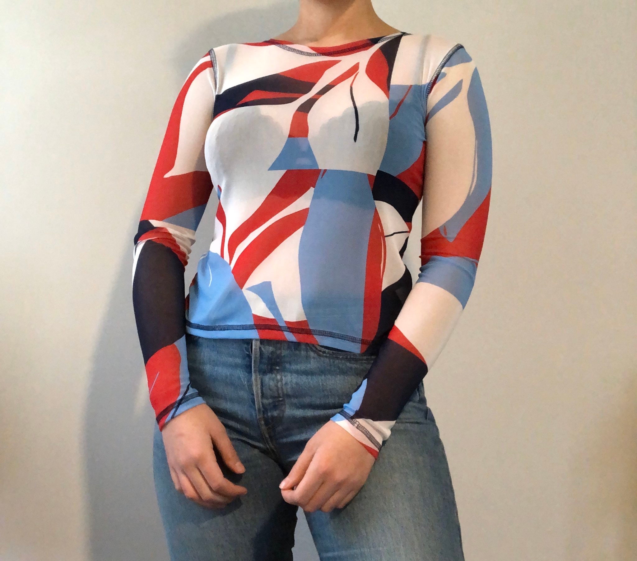 Mesh Shirt, Crop Tee, Red White Blue Stretch Mesh Top, 90's