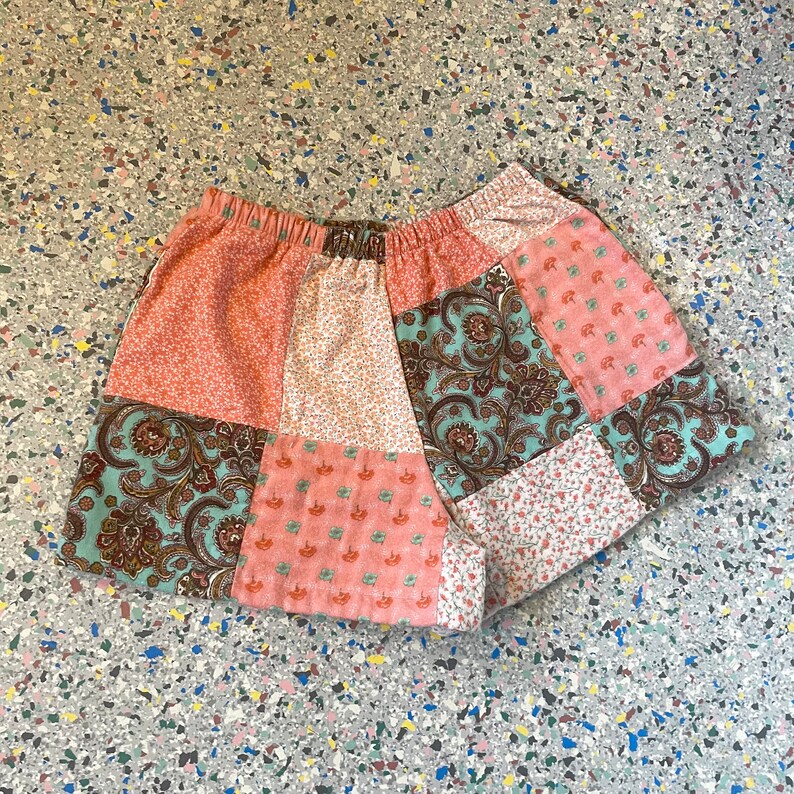 Vintage, Reworked, Cotton, Flannel,Fabric, Handmade Patchwork, Shorts, Pink, Blue, Mixed Floral Mixed Print, Women Shorts, Size Medium image 5