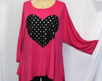 Coco and Juan, Lagenlook, Women Plus Size Top,Pink Angled Tunic Top, Silver Black Heart, Plus Size Tunic Top, One Size, 1X,2X,3X. B 58"