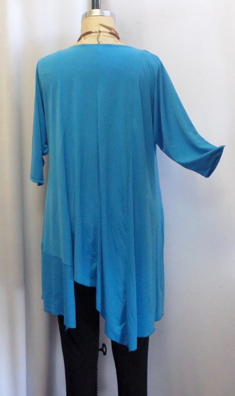 Plus Size Top Asymmetric Top Bust 50 inches Turquoise Blue Traveler Knit Size 1 Coco and Juan Plus Size Tunic fits 1X,2X Lagenlook