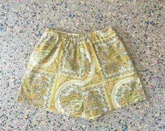 Upcycled, Repurposed, 70's Vintage Fabric, Yellow, Green, Blue, Floral Print, Women's Shorts, Cotton, Size Small, OOAK