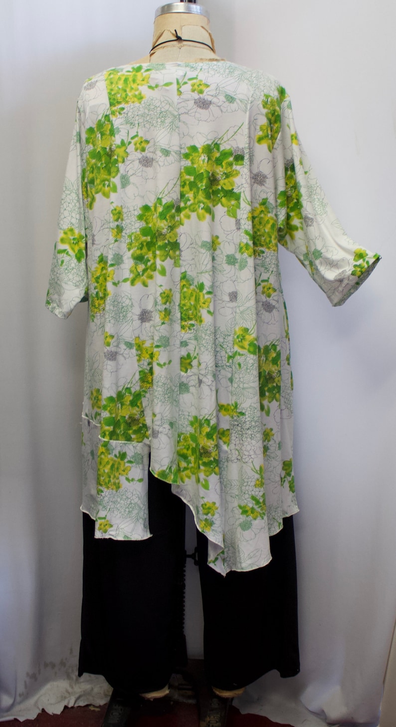 Coco and Juan, Lagenlook, Plus Size Top, Asymmetric Womens Tunic Top, Green, Yellow, Flower, Cotton Poly Knit Size 1 fits 1X,2X B:50 image 4