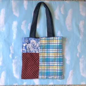 Handmade Tote Bag, Patchwork Vintage Fabric, Repurposed, Reworked, Purse, Upcycled Shoulder Bag, Plaid, Stars, Floral, Computer Bag,  OOAK
