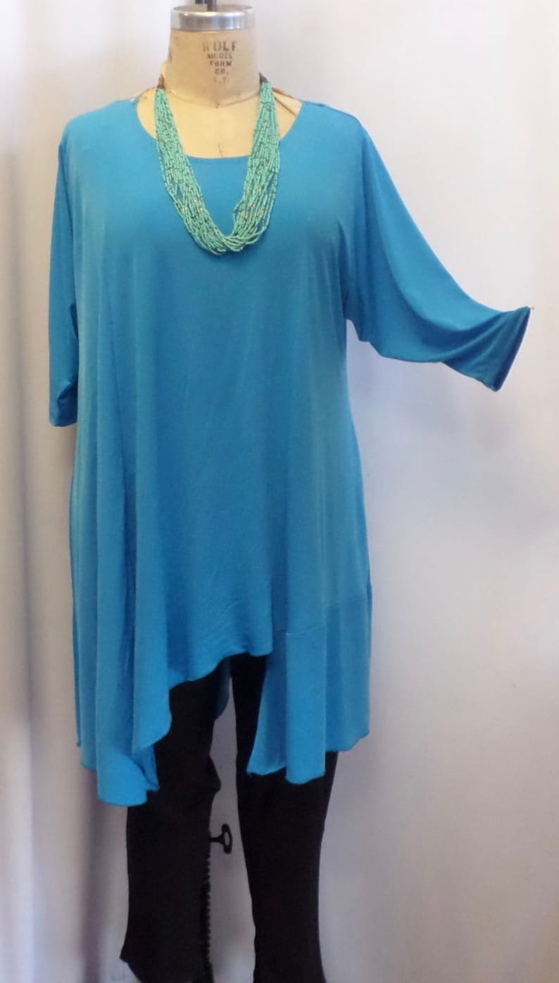 Plus Size Top Asymmetric Top Bust 50 inches Turquoise Blue Traveler Knit Size 1 Coco and Juan Plus Size Tunic fits 1X,2X Lagenlook
