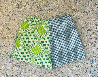 Upcycled, Repurposed Vintage Fabric, Blue, Green, Strawberry, Print, Mixed with Blue, White Print, Women's, Shorts, Cotton, Size Small OOAK