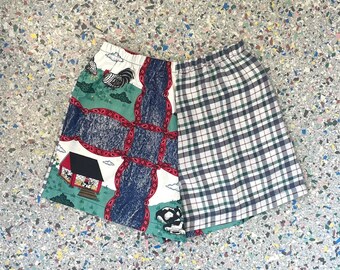 Upcycled, Repurposed Vintage Fabric, Blue, Red, Green, Farm Print, Mixed with Blue Plaid Women's, Cow, Sheep, Bunny, Shorts, Size S OOAK