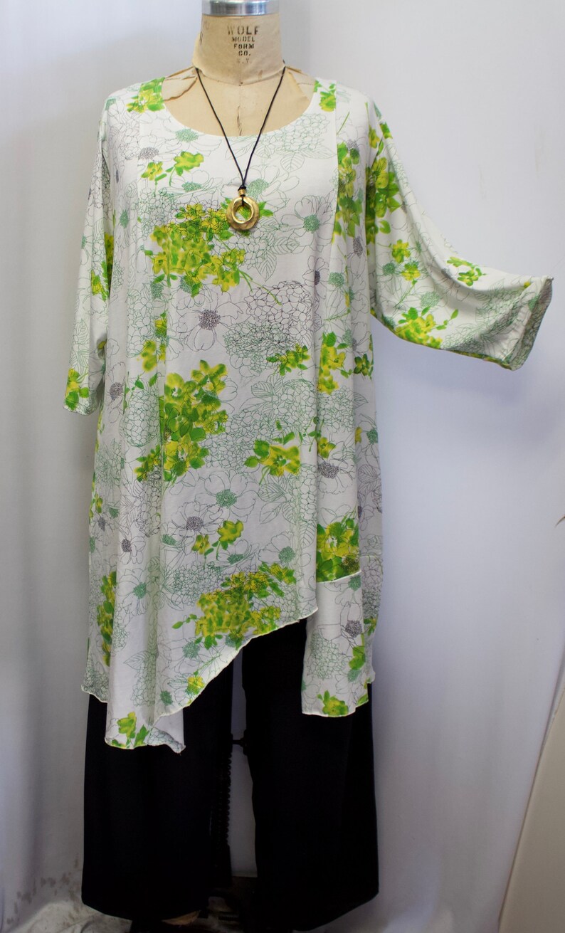 Coco and Juan, Lagenlook, Plus Size Top, Asymmetric Womens Tunic Top, Green, Yellow, Flower, Cotton Poly Knit Size 1 fits 1X,2X B:50 image 2