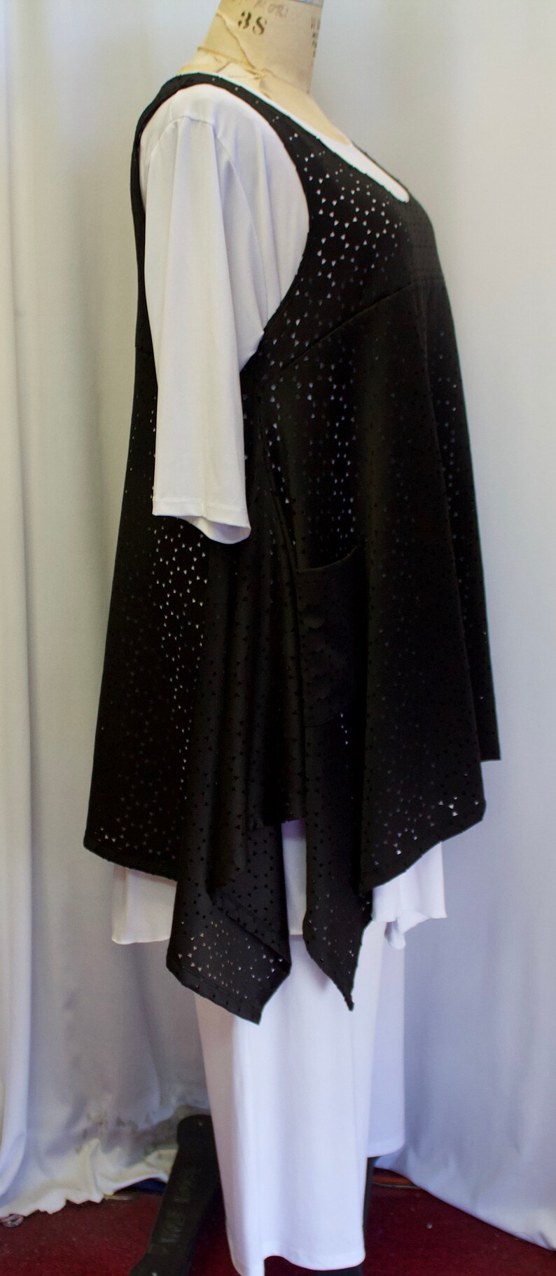 Plus Size Tunic Top Black Cutwork Knit Fits 1X,2X Bust to 50 Lagenlook Tunic Plus Size Top Boho Top Size 1 Coco and Juan Layering