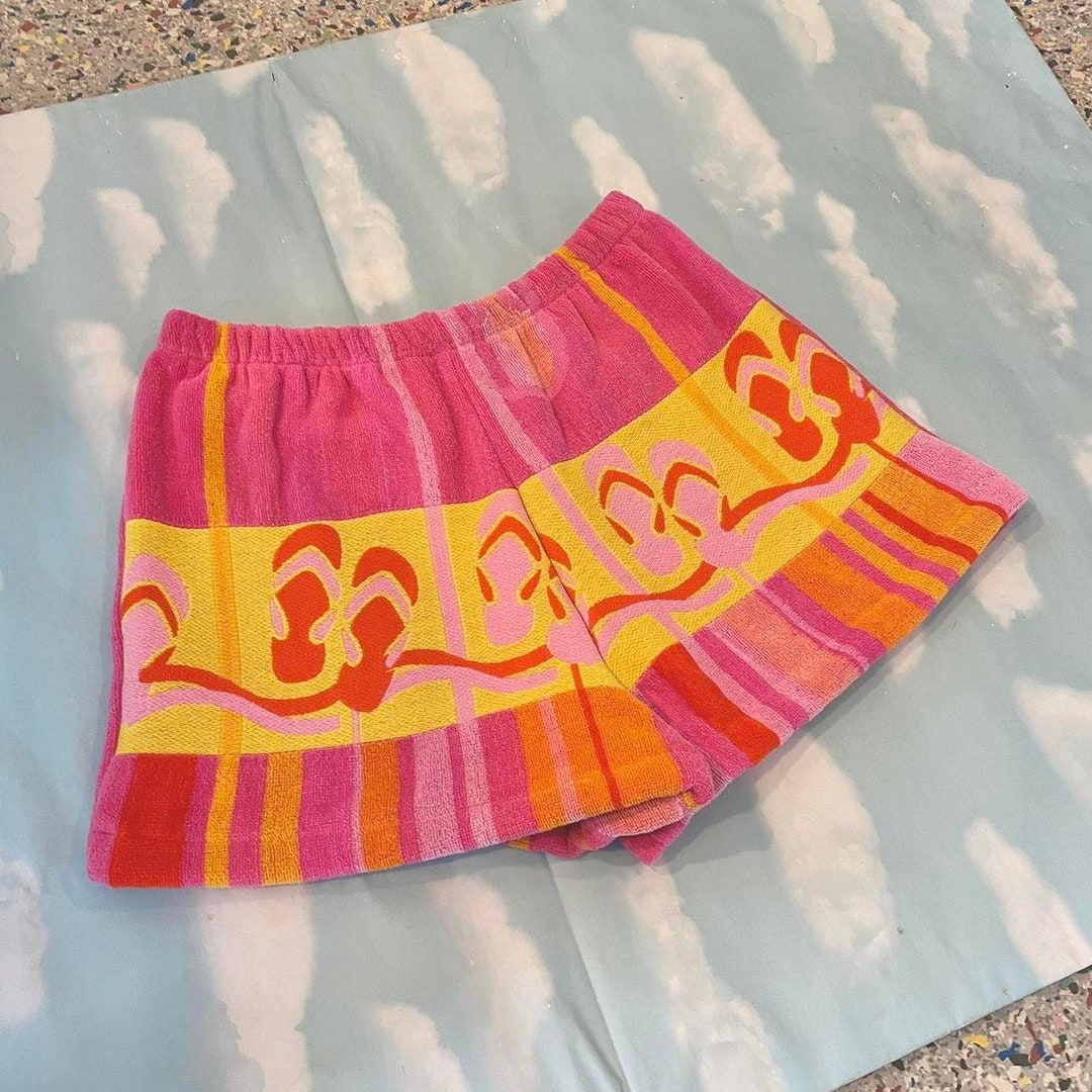 Upcycled Repurposed Terry Towel Shorts, Pink, Yellow, Stripe, Flip Flop Sandel Print, Handmade