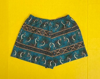 Up Cycled, Repurposed Fabric, Handmade Shorts, Kokopelli,  Print,  Blue Green, Brown Women  Cotton Shorts, Size  Medium OOAK