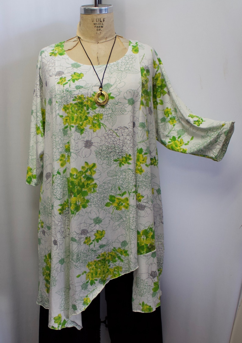 Coco and Juan, Lagenlook, Plus Size Top, Asymmetric Womens Tunic Top, Green, Yellow, Flower, Cotton Poly Knit Size 1 fits 1X,2X B:50 image 1